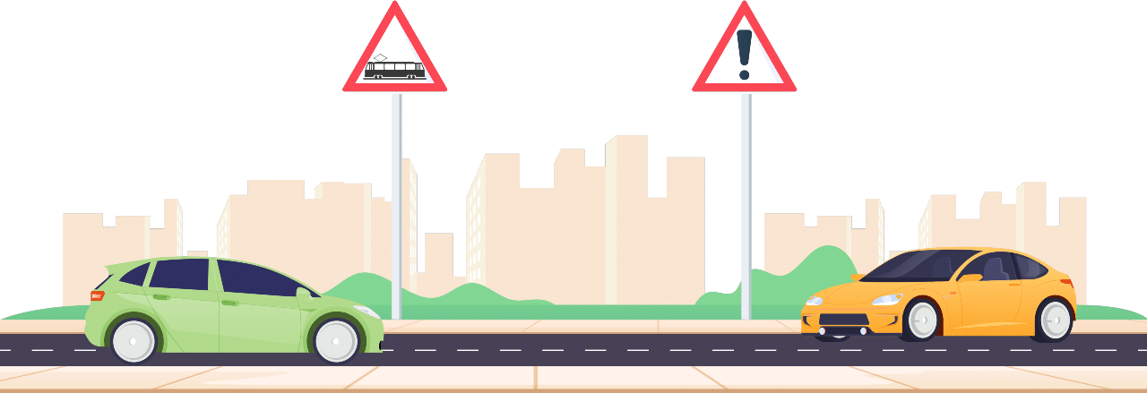 À gauche, croisement de la chaussée par une ou plusieurs voies ferrées ; à droite, danger non défini avec panneau additionnel