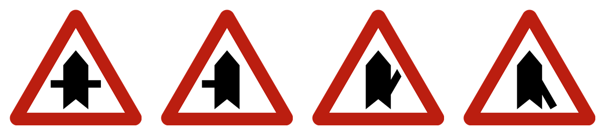 Quatre variantes du signal B15 : la barre s’adapte à la configuration du carrefour