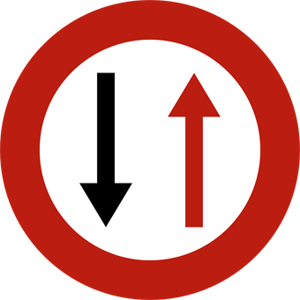 Signal de passage étroit où il faut céder le passage aux conducteurs venant en sens opposé