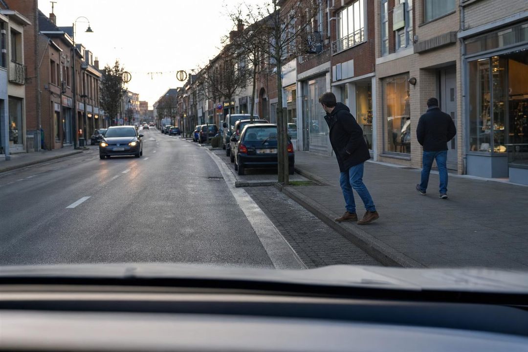 Piéton arrêté au bord du trottoir, corps penché vers la chaussée, prêt à traverser