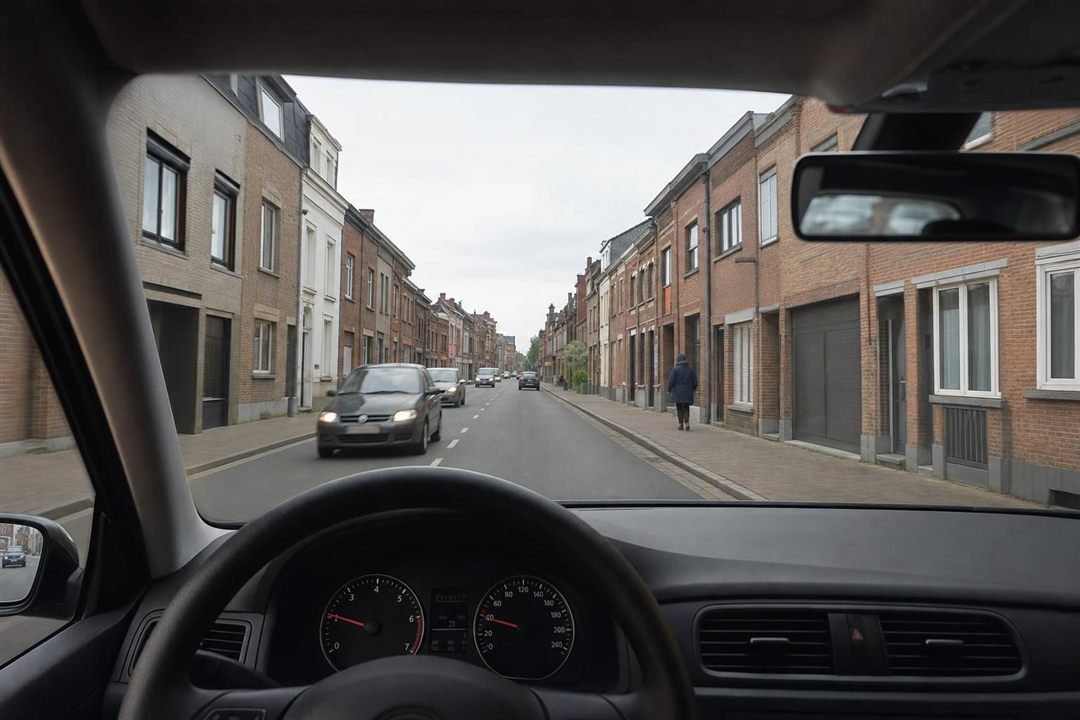 Vue du poste de conduite comme à l'écran du test : pare-brise, rétroviseurs et tableau de bord
