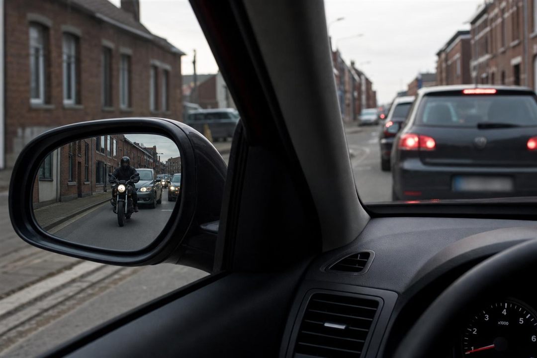 Moto remontant la file, visible dans le rétroviseur extérieur gauche