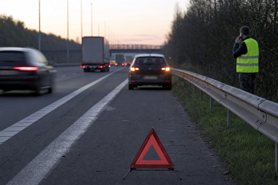 Conducteur en gilet rétroréfléchissant derrière la glissière, triangle posé sur la bande d’arrêt d’urgence