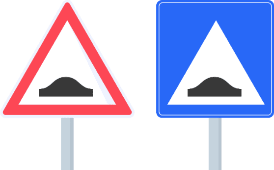 Les deux signaux annonçant un dispositif surélevé : triangle de danger à bord rouge et panneau carré bleu