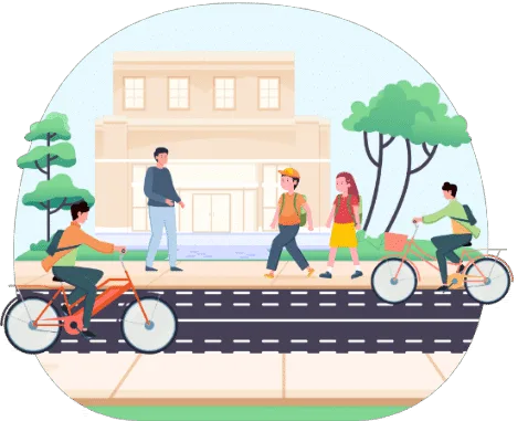 Écoliers, piétons et cyclistes circulant devant une école, dans une rue sans voitures