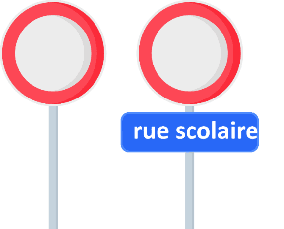 Signal C3 d'accès interdit, seul puis complété par le panneau additionnel portant la mention rue scolaire