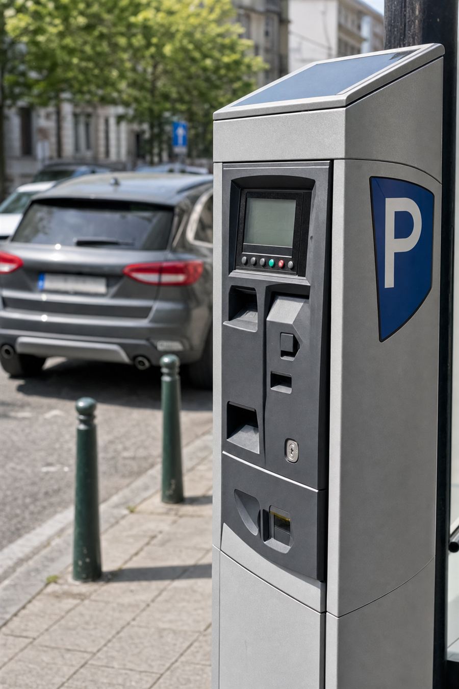 Conductrice payant son stationnement à un horodateur à côté de sa voiture