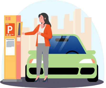 Conductrice payant son stationnement à un horodateur à côté de sa voiture