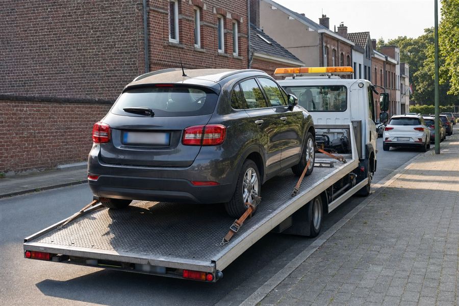 Dépanneuse emportant une voiture sur la voie publique