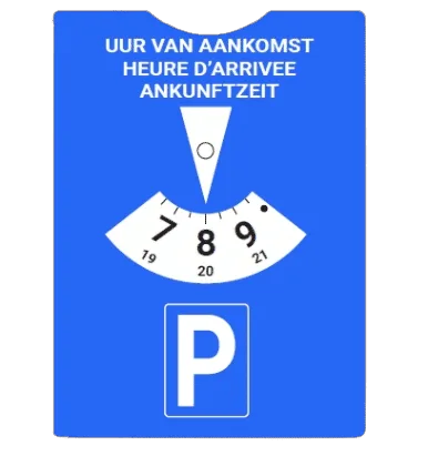 Disque de stationnement européen bleu avec la mention heure d'arrivée
