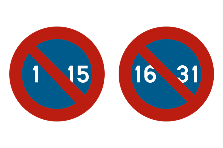 Signaux d'interdiction de stationner du stationnement alterné semi-mensuel, du 1er au 15 et du 16 à la fin du mois