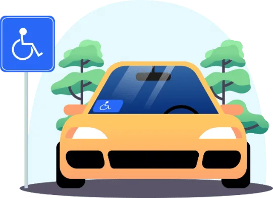Voiture avec la carte spéciale pour personnes handicapées derrière le pare-brise, à côté du signal au symbole international