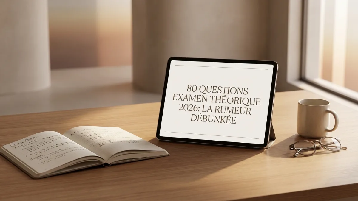 Un panneau routier affichant 80 questions barré de rouge pour démentir la rumeur sur l'examen théorique 2026.