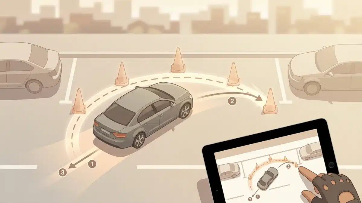 Une voiture d'auto-école effectue un créneau parfait entre deux cônes lors d'une leçon de conduite.