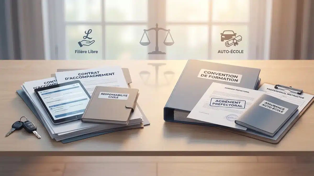 Des formulaires administratifs et contrats d'assurance nécessaires pour l'apprentissage de la conduite sur une table.