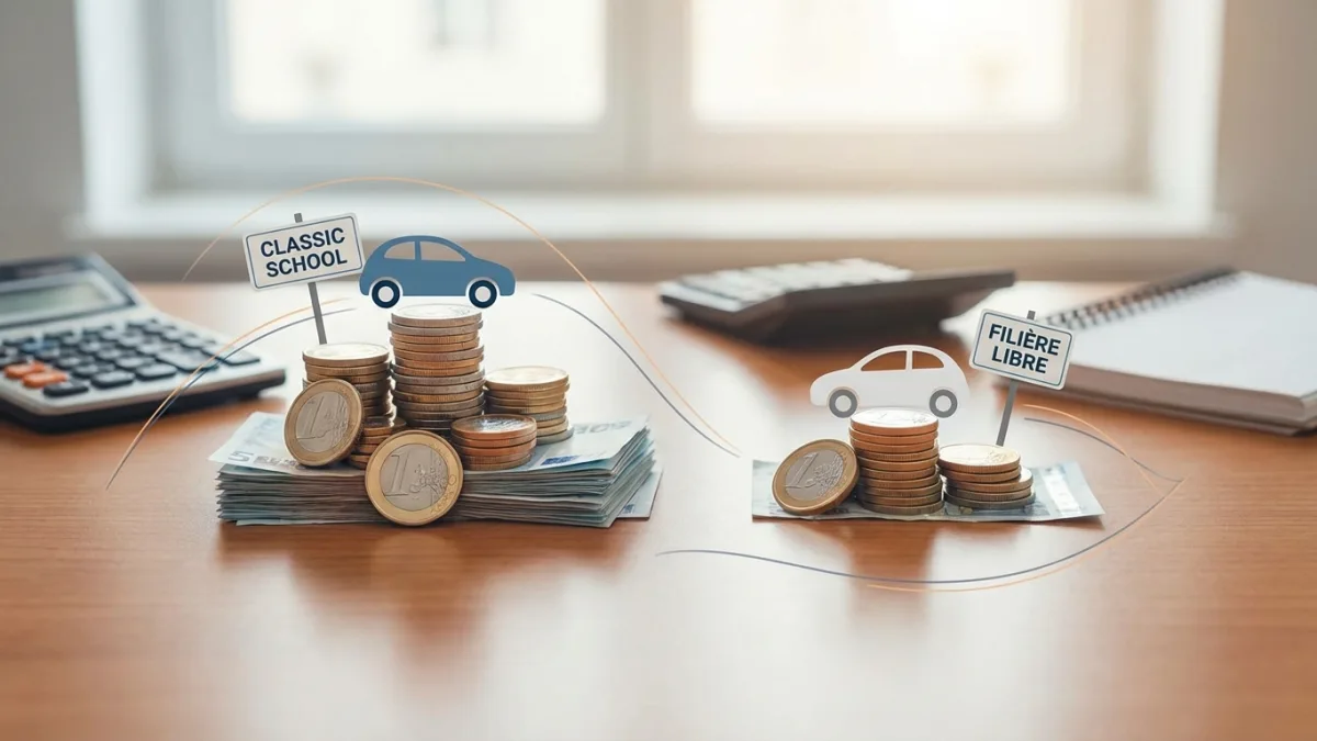 Une comparaison visuelle des coûts entre le permis en auto-école et la filière libre montrant une économie importante.