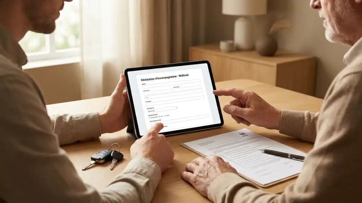 Un jeune conducteur et son accompagnateur vérifient les conditions du permis libre en Wallonie.