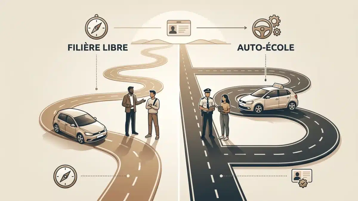 Tableau comparatif mettant face à face les avantages de la filière libre et de l'auto-école pour le permis.
