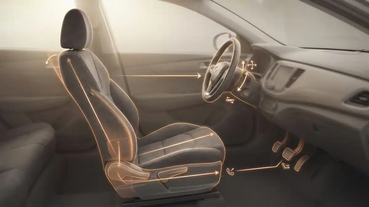 Conducteur ajustant le volant après avoir réglé le siège pour une coordination parfaite avec les pédales.