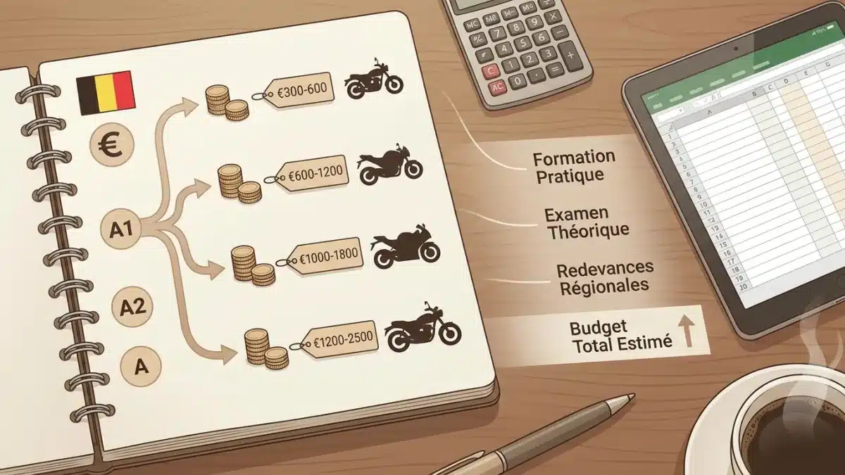 Estimation des coûts de la formation moto avec une calculatrice et un casque sur une table.