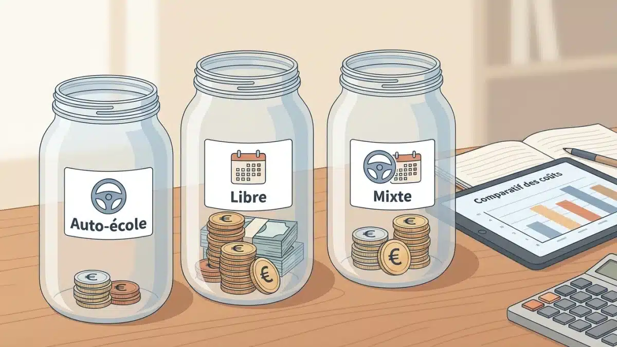 Calculatrice et pièces en euros illustrant le budget nécessaire pour passer le permis de conduire en Belgique.