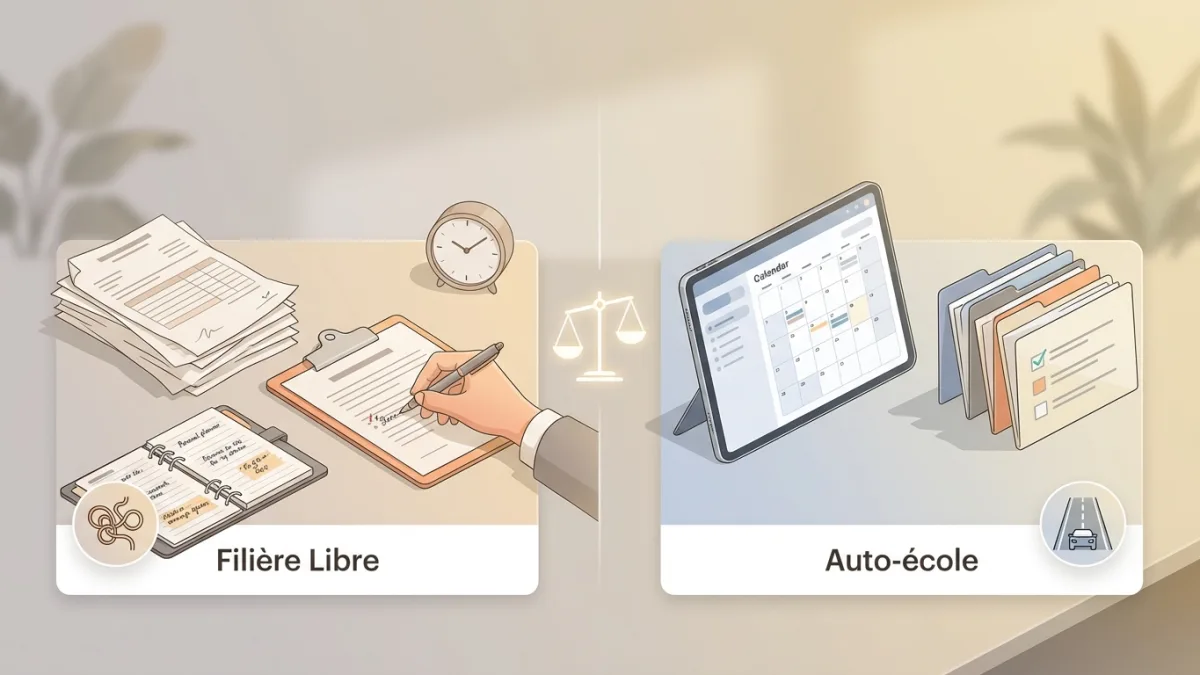 Un candidat compare la charge administrative entre l'auto-école et la filière libre sur son bureau.