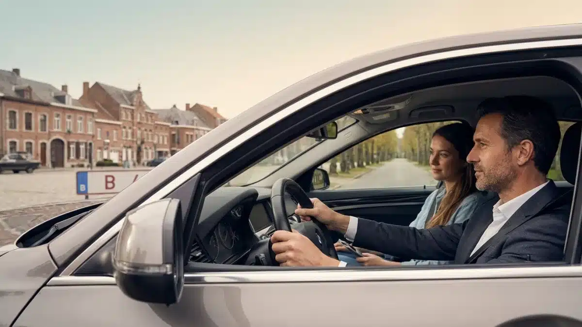 Un conducteur montre son permis de conduire belge officiel devant le volant de sa voiture.