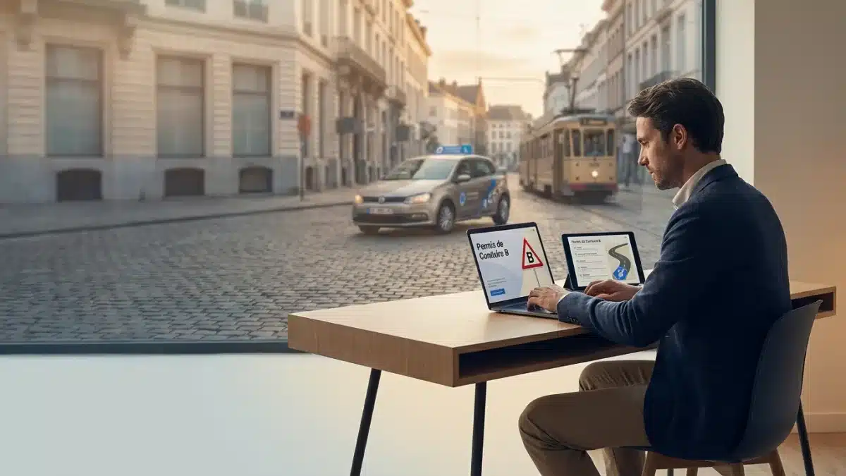 Un jeune conducteur révise son code de la route avant de passer l'examen théorique du permis belge.