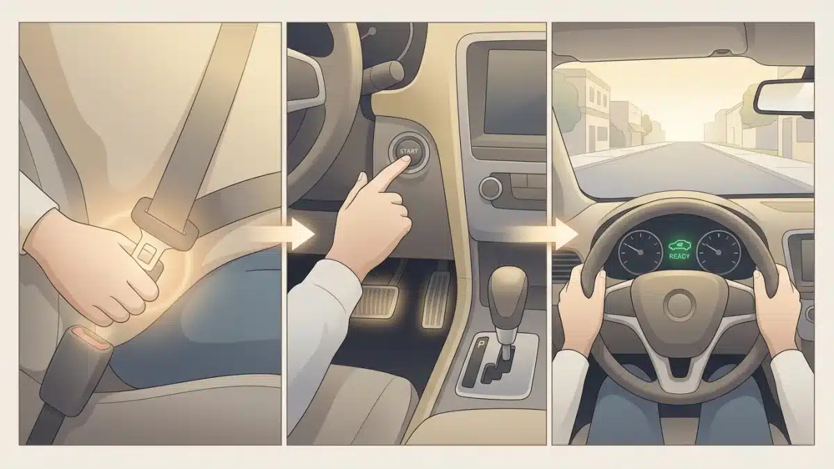 Une main tourne la clé dans le contact d'une voiture pour démarrer le moteur en toute sécurité.