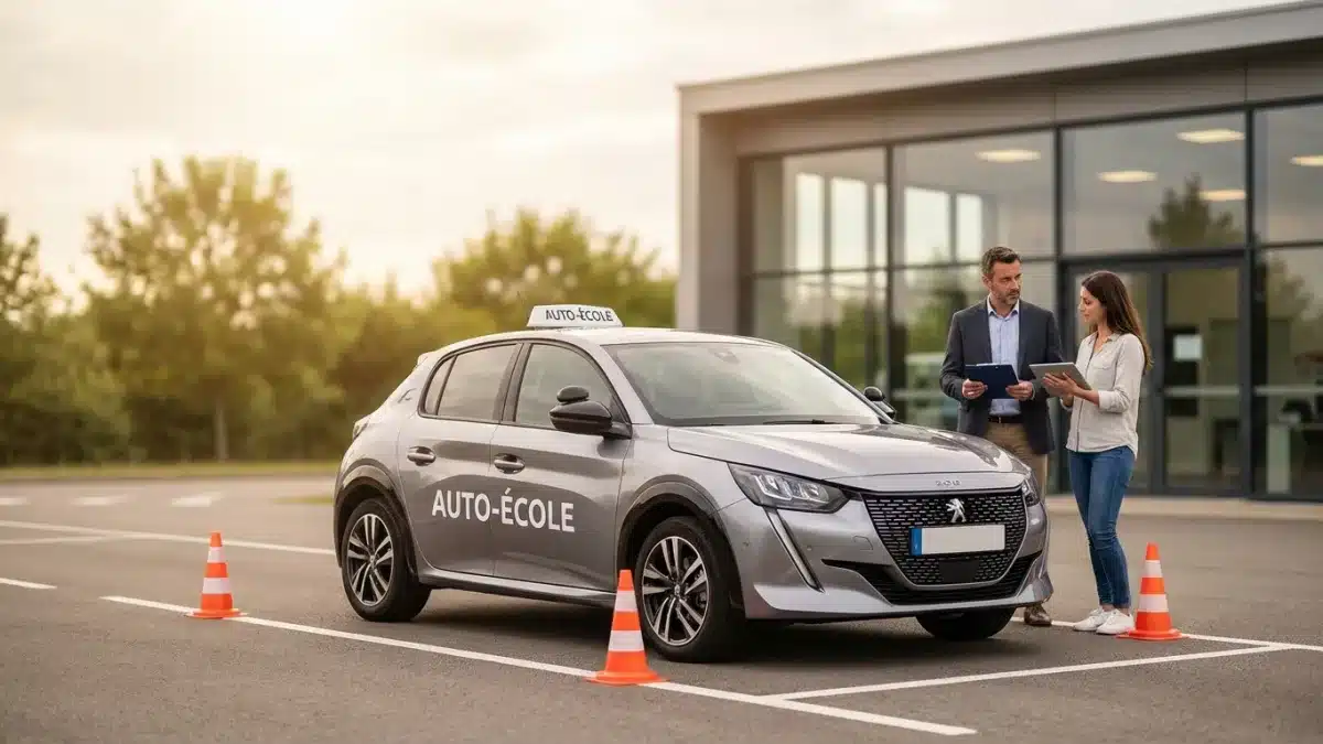 Candidat concentré au volant d'une voiture auto-école durant l'examen pratique du permis B.