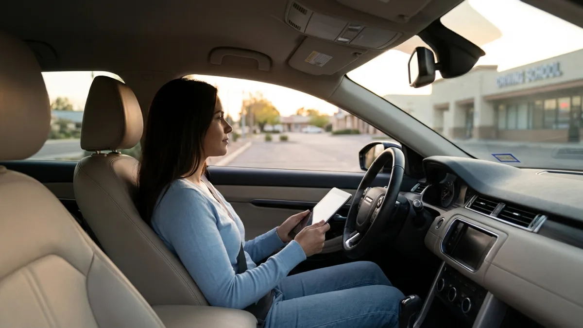 Un candidat au permis de conduire effectue les vérifications intérieures sous le regard de l'examinateur.