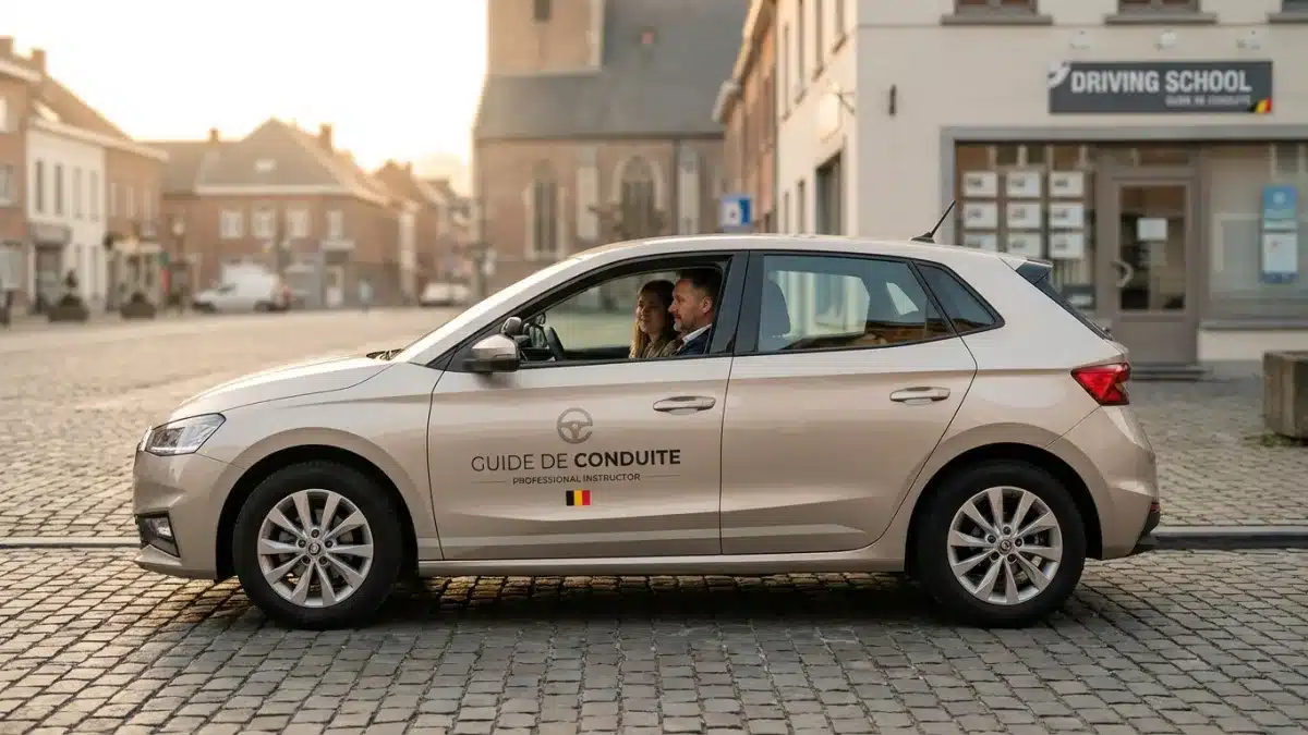 Un guide expérimenté supervise un apprenti conducteur au volant sur une route belge pour le permis.
