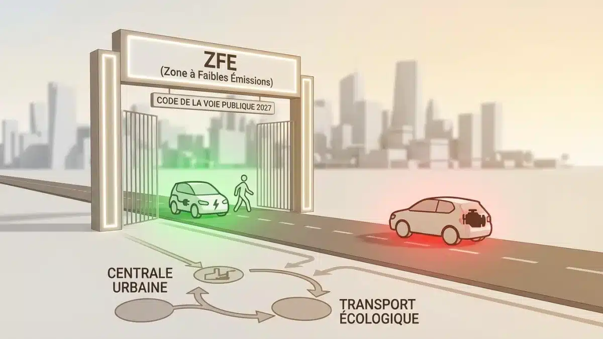 Une voiture électrique circule dans une zone à faibles émissions délimitée par une nouvelle signalisation urbaine verte.