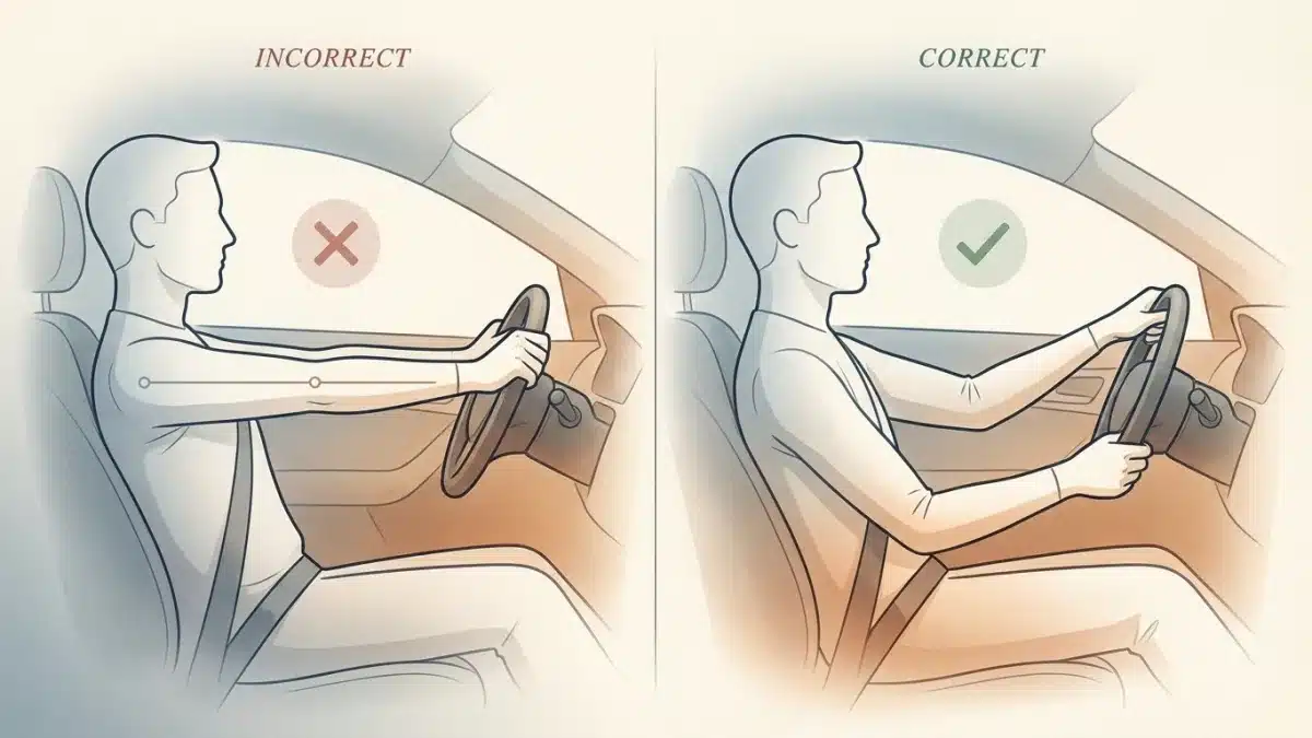 Conducteur assis trop loin avec les bras tendus sur le volant, illustrant une mauvaise position de conduite.