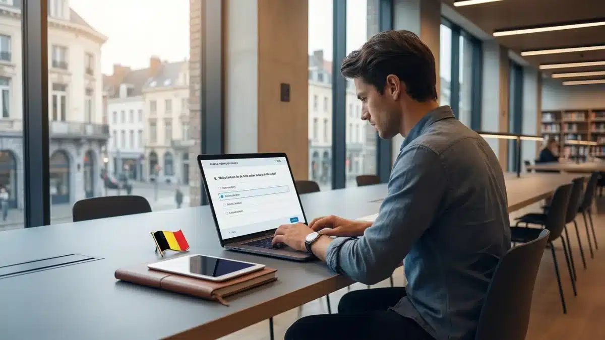 Candidat concentré devant un écran d'ordinateur passant l'examen théorique du permis B en Belgique.