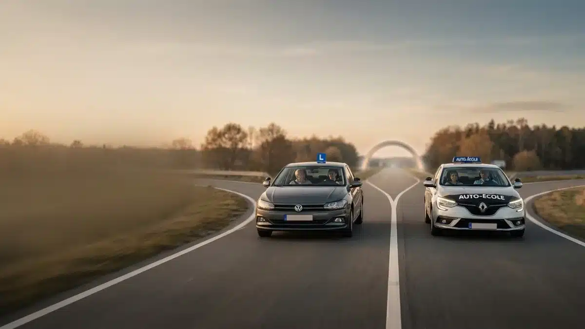 Un jeune conducteur belge au volant hésitant entre la filière libre et l'auto-école pour son permis B.