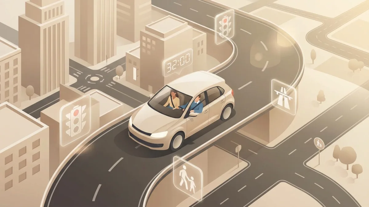 Candidat au permis conduisant sur voie publique sous l'observation attentive de l'examinateur.