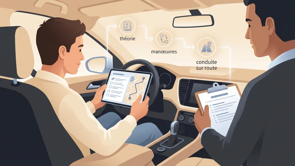 Un conducteur en apprentissage vérifie les réglages du véhicule pour une préparation optimale à l'examen.