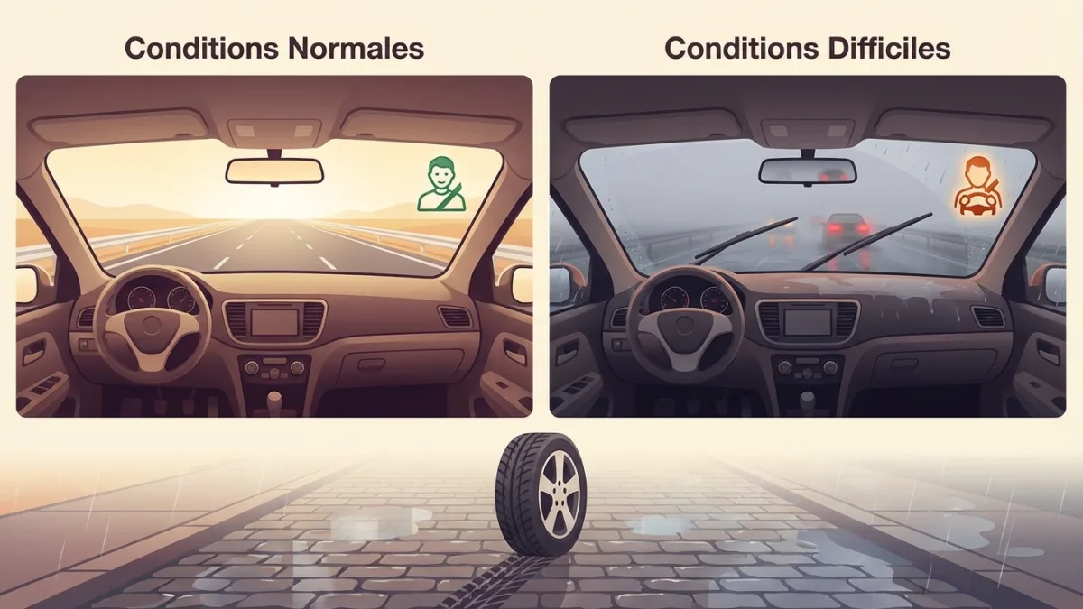 Un conducteur vigilant adapte sa vitesse sur une chaussée rendue glissante par la pluie et le mauvais temps.