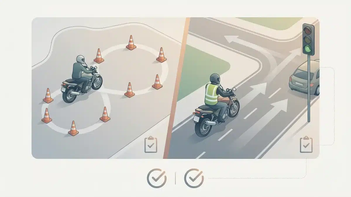 Motard effectuant un slalom entre des cônes lors de l'examen pratique sur terrain privé en Belgique.