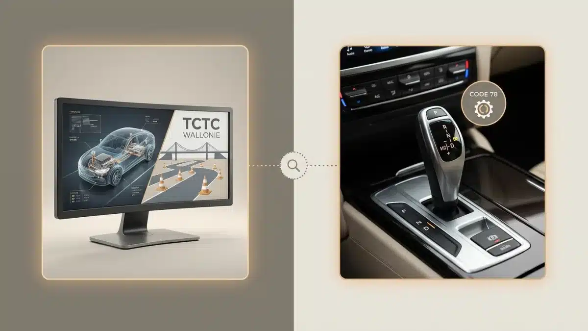 Levier de vitesse d'une voiture automatique illustrant le code 78 et le test technique TCTC en Wallonie.