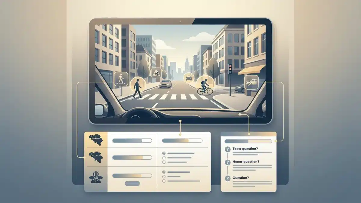 Simulation d'écran du test de perception des risques belge identifiant un danger routier imminent.