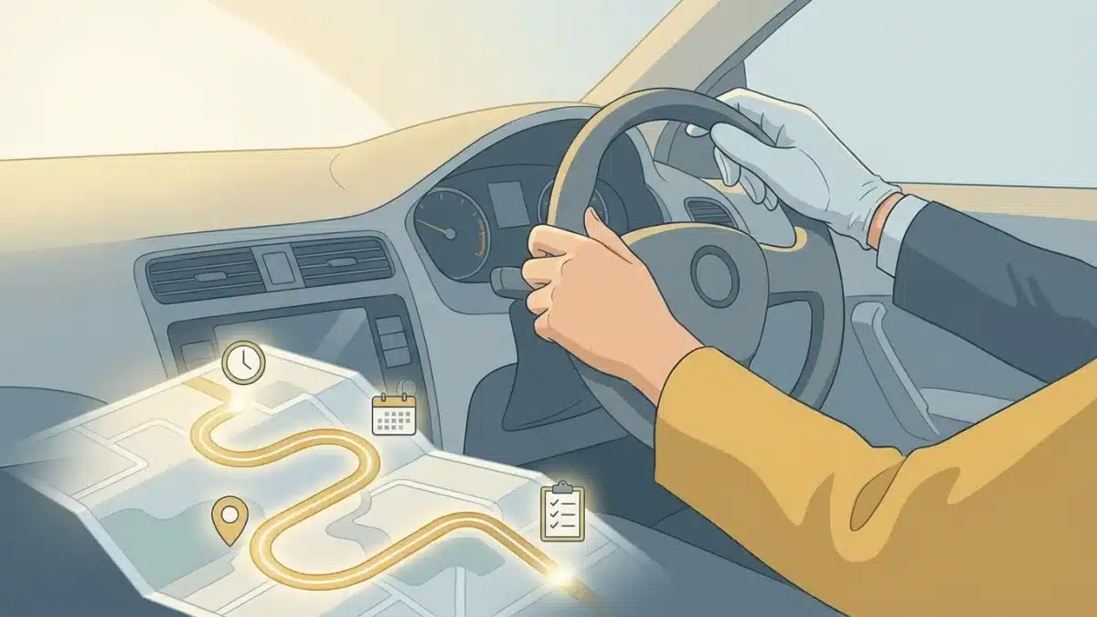 Un accompagnateur attentif conseille un jeune conducteur au volant lors d'une séance de conduite supervisée.