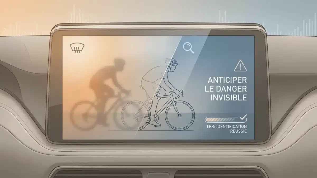 Une voiture avance dans un brouillard épais symbolisant les risques liés aux conditions de visibilité limitée.