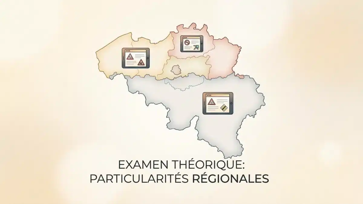 Carte de la Belgique comparant les règles du permis théorique entre la Wallonie, la Flandre et Bruxelles.