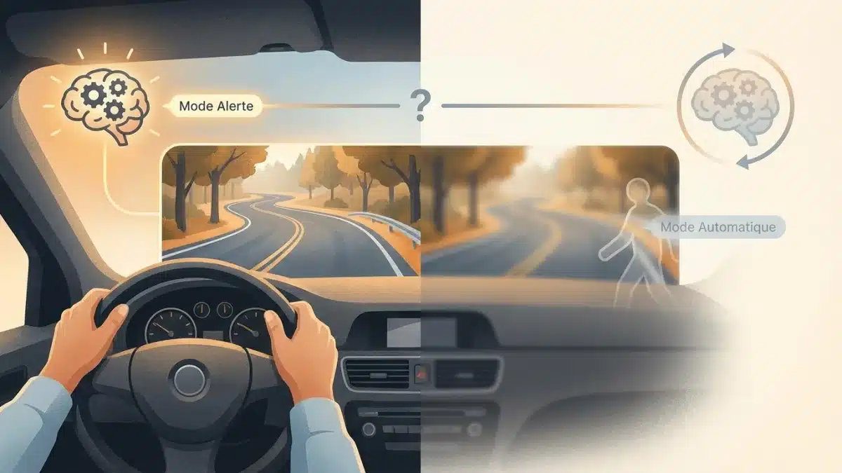 Conducteur distrait au volant sur un trajet habituel illustrant le mode automatique du cerveau.