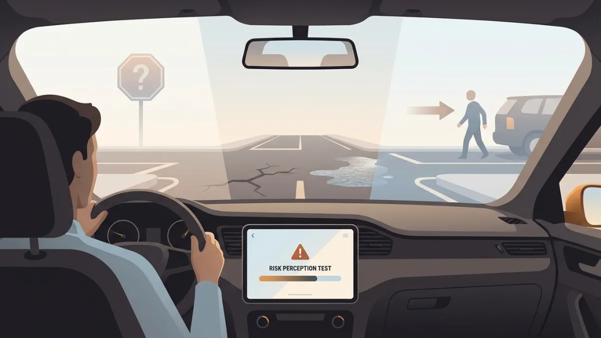 Voiture approchant d'une intersection dangereuse avec une chaussée dégradée et des panneaux flous.