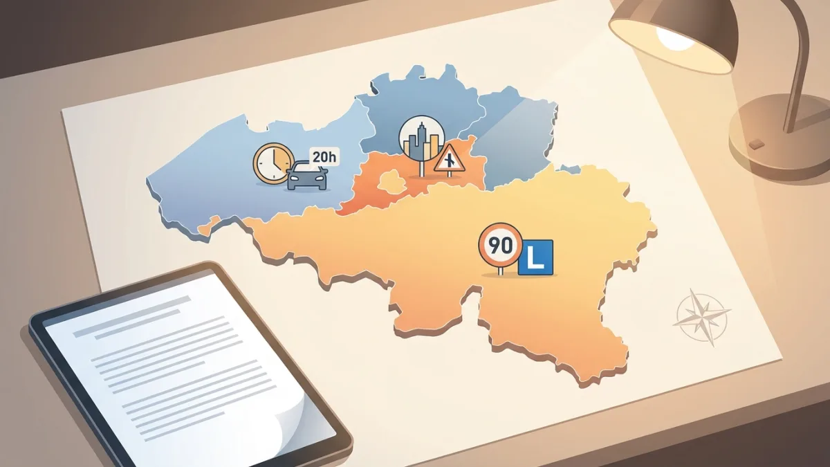 Carte de la Belgique divisée en régions illustrant les différences réglementaires pour le permis B.