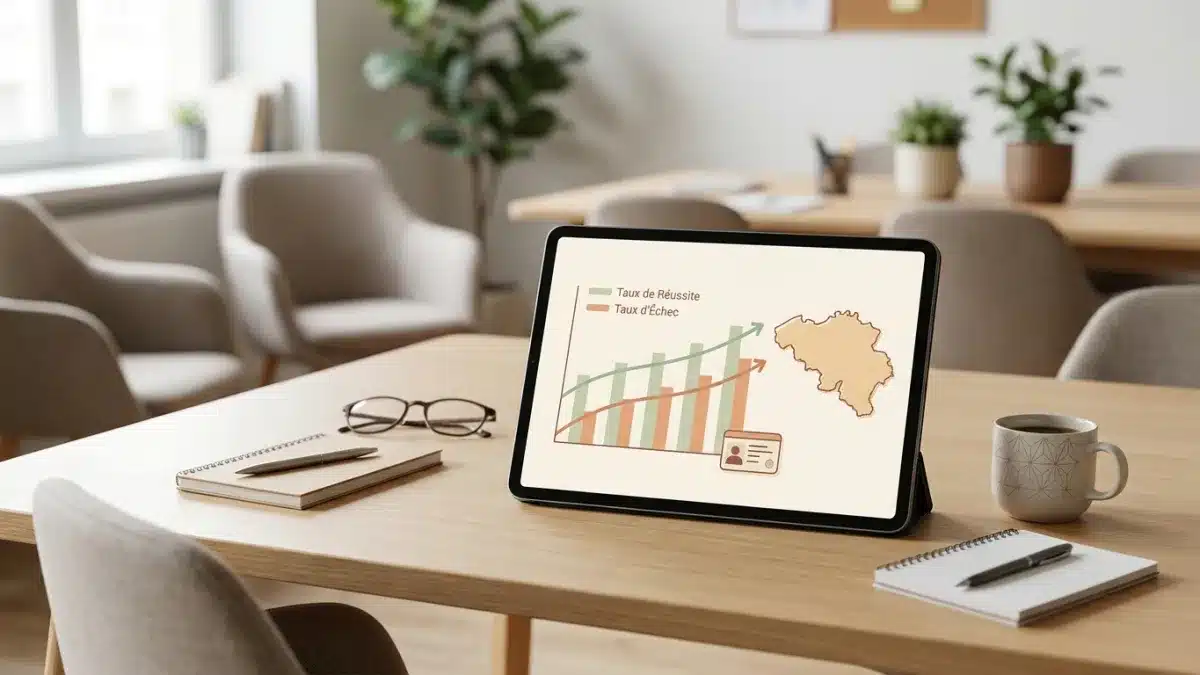 Analyse visuelle des statistiques de réussite et d'échec à l'examen théorique belge.
