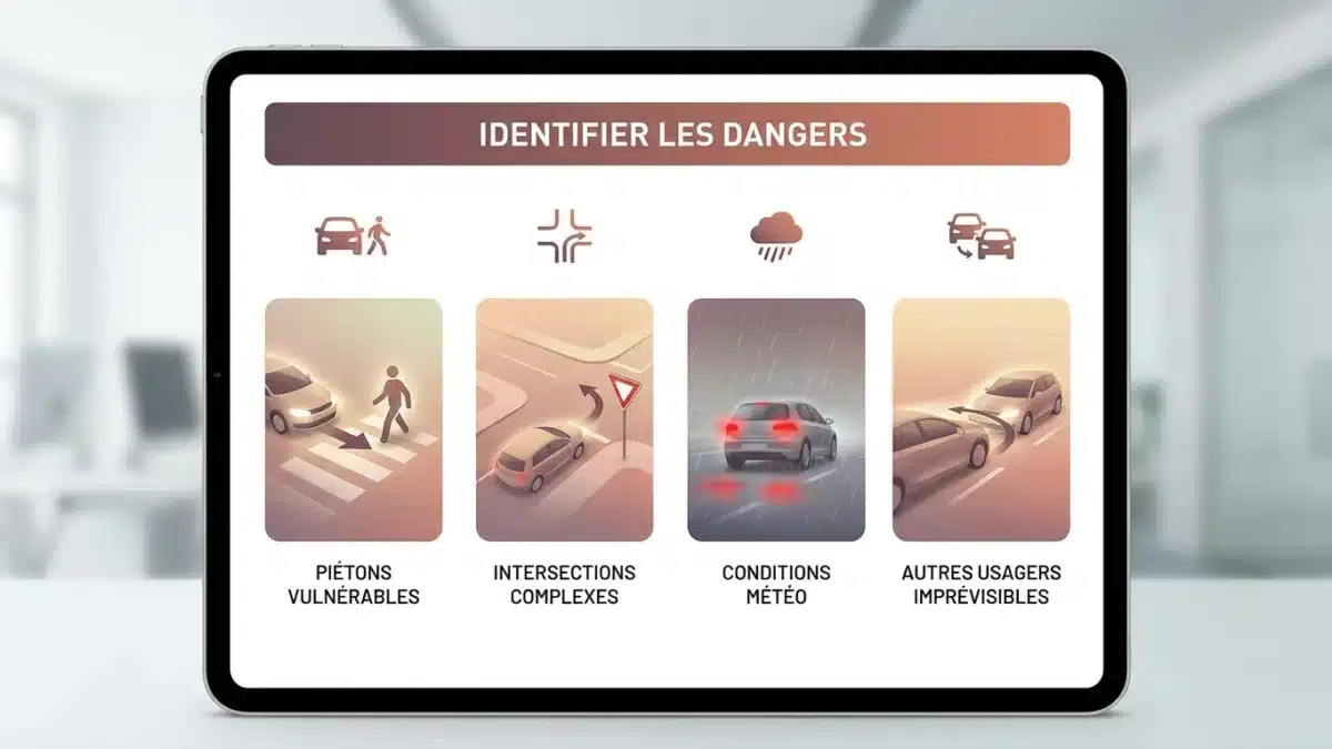 Conducteur analysant divers dangers routiers comme des piétons et cyclistes lors du test de perception.